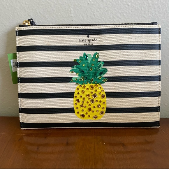KATE SPADE Pineapple Stripe Canvas Mega Sam Tote bag & Wristlet, NWT & GIFT BOX! - Picture 3 of 7